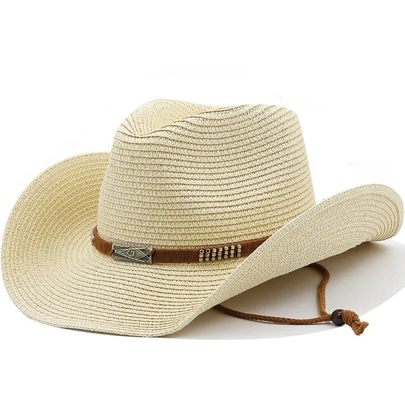 

Women Men Cowboy Hat Summer Wide Brim Western Cowgirl Straw Hats Fashion West Fancy Dress Party Headwear Unisex Cap 56-58 cm бежевый