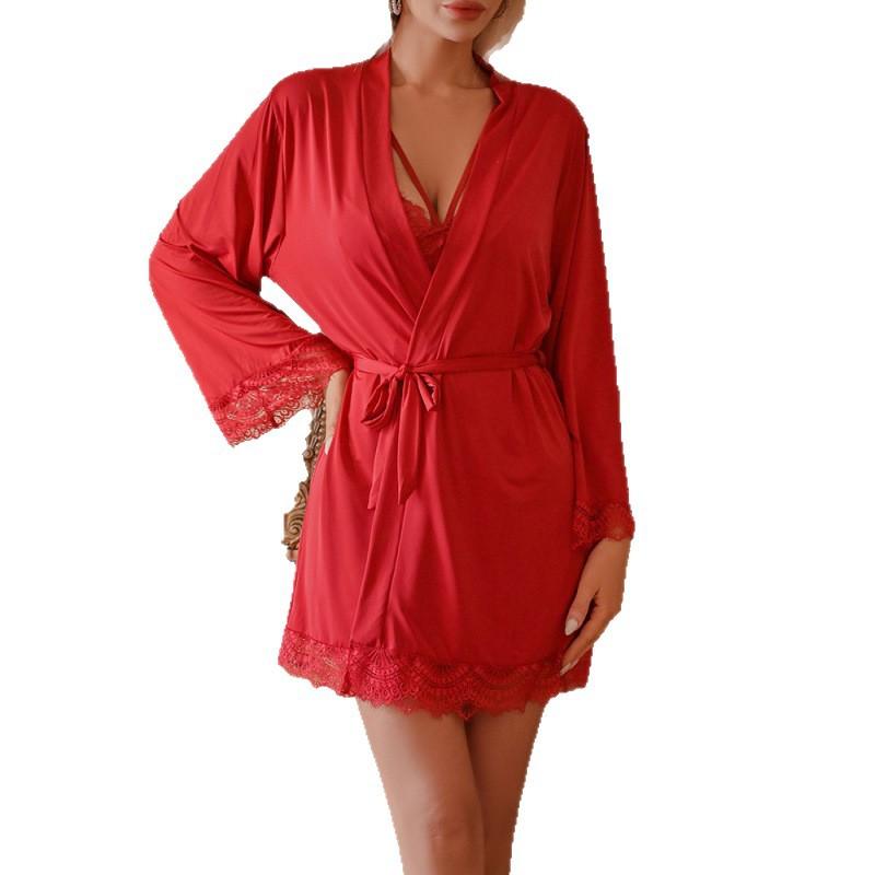 Suspender nightdress summer long plus size premium pajamas lace satin sexy nightgown two-piece set women's summer