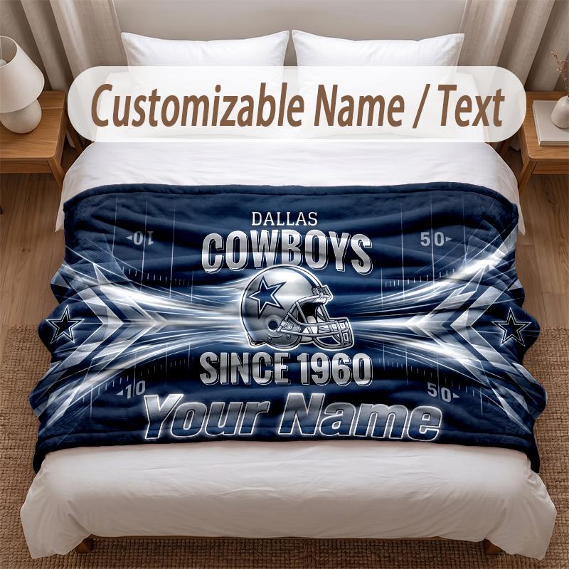 Dallas Cowboys Printed Flannel Blanket Custom Name Text Soft Warm Throw For Bedroom Holiday Gift