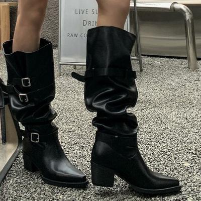 Outono e inverno 2025 novas botas de cano alto empilháveis, salto grosso, bico fino, fivela de cinto, cano alto, botas de cavaleiro, botas de cano largo estilo Spice Girl