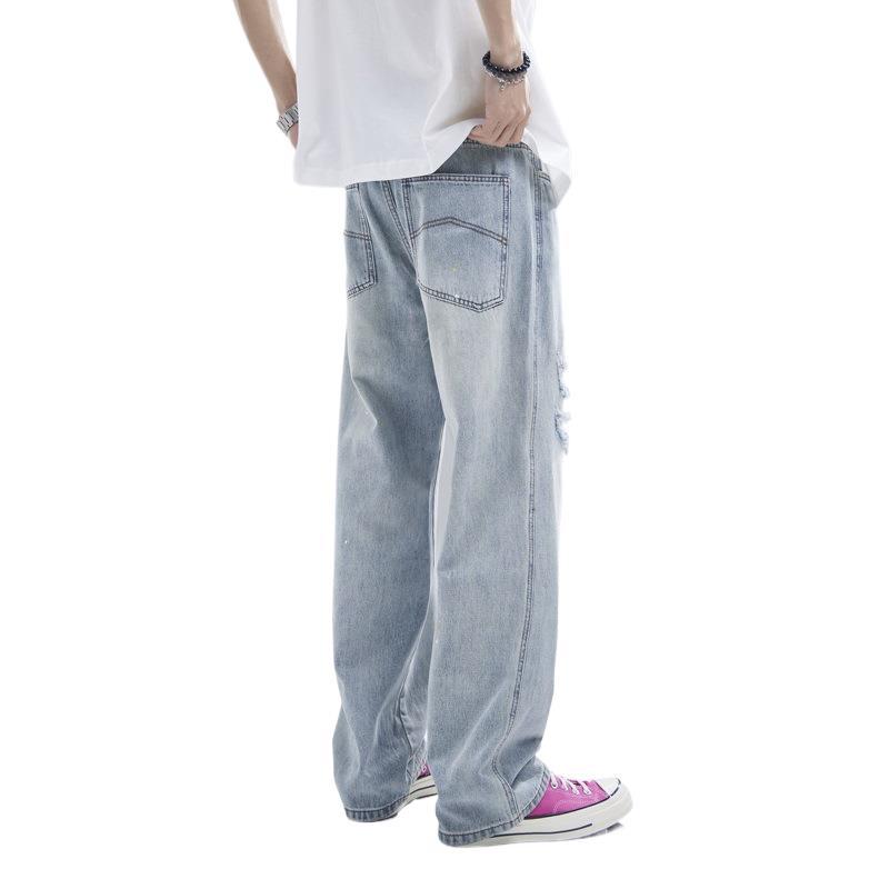 American Ripped Jeans for Men's New Style of Draped Straight and Slightly Flicked Ink Splashing Design Casual Pants