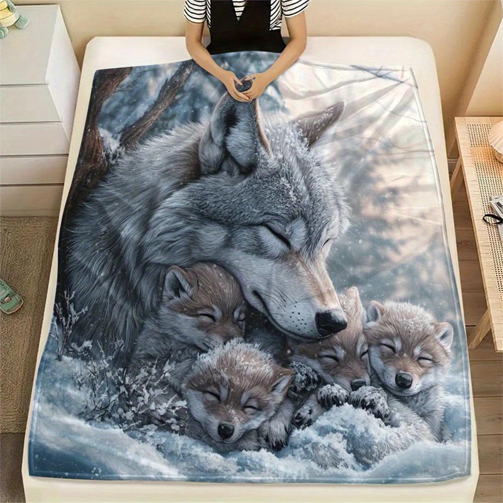 Snow Mountain Wolf Art Print Throw Blanket - Wilderness Animal Cozy Soft Accent for Sofa Bed Office Travel Gift