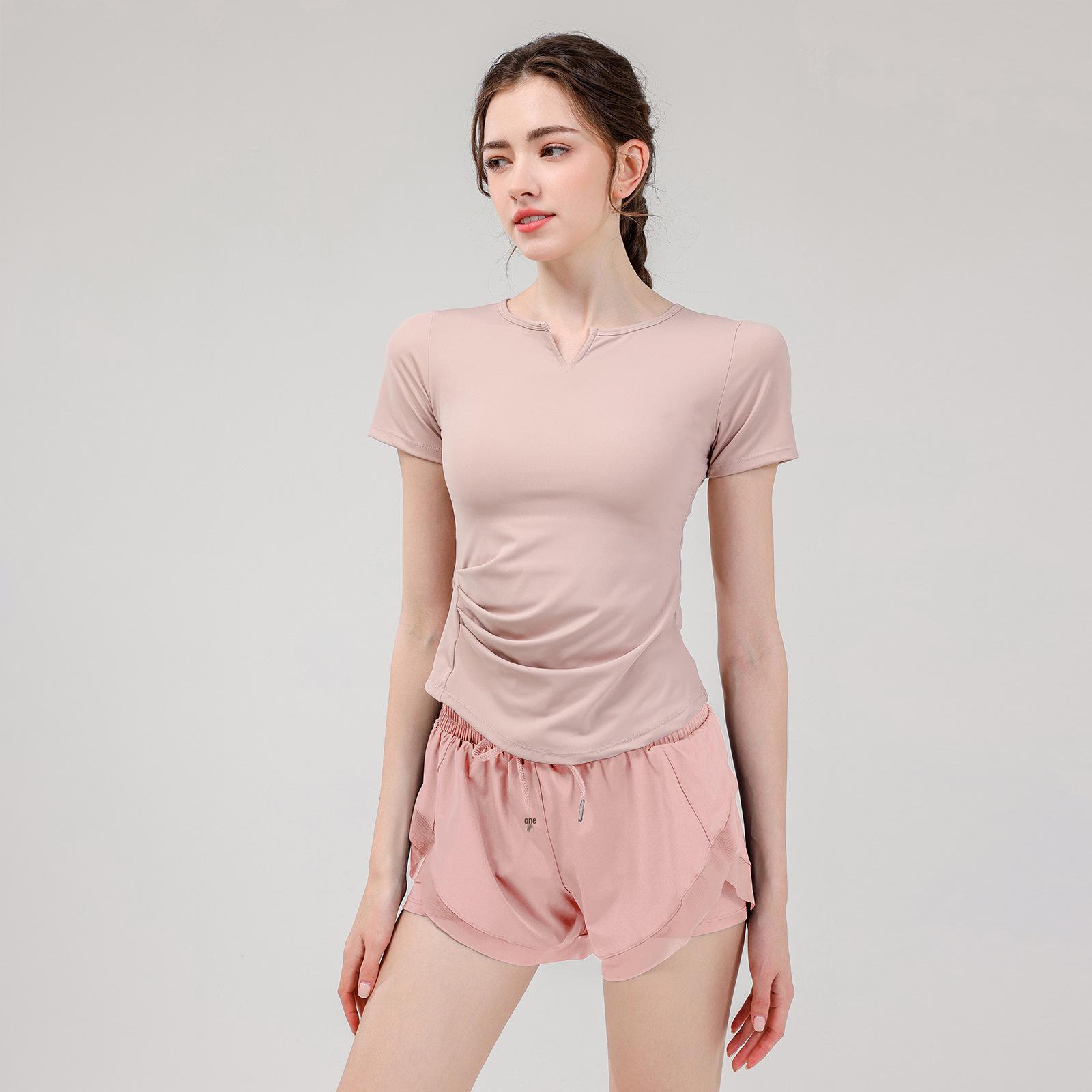 

Женский летний спортивный комплект облегающего кроя с быстрой сушкой - футболка с коротким рукавом и сексуальные шорты для утренней пробежки, тренировок или йоги высокого уровня. Large