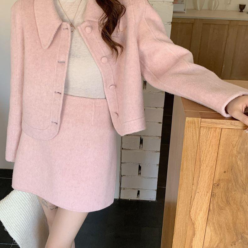 2025 Fall/Winter French Chic Pink Wool Coat & Skirt Set for Women