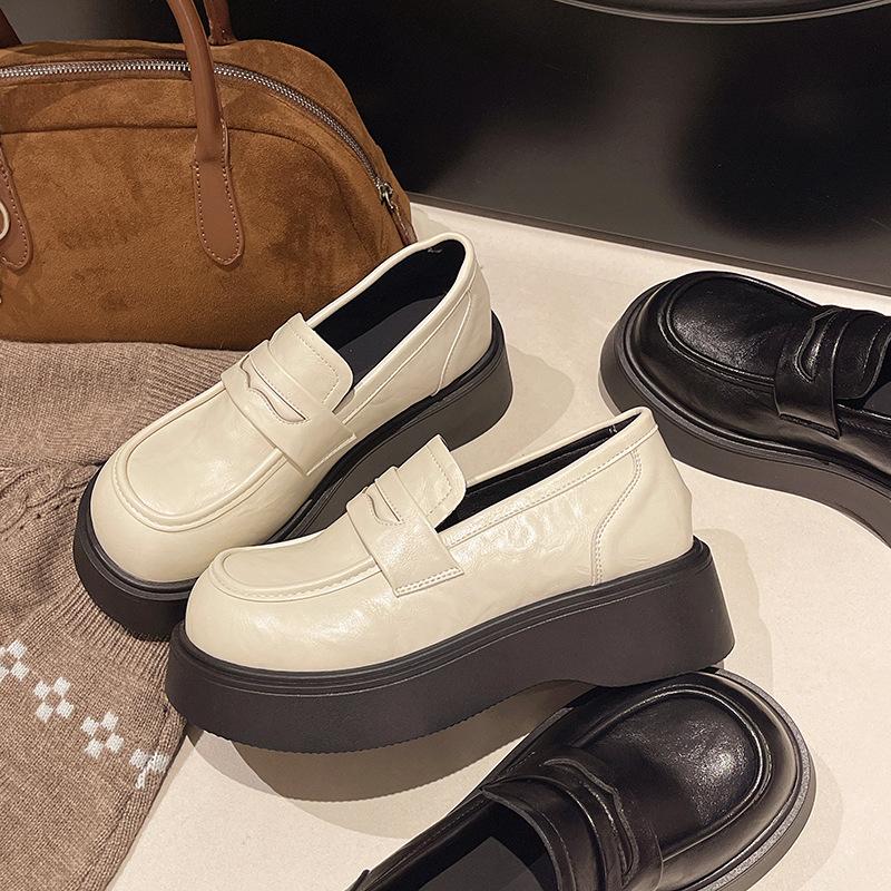 Black Platform Small Leather Shoes Women's Spring 2025 New Versatile British Style Retro Soft Sole One-pedal Loafers