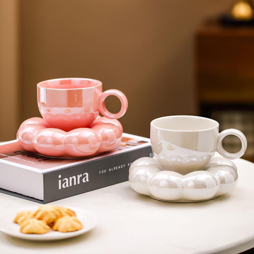 200ml Ceramic Coffee Cup Set with Creative Cloud-Shaped Saucer, Cute Decorative Mug for Home & Office