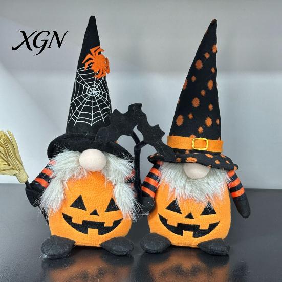 Creepy Gothic Style Ornaments Halloween Plush Gnome Decoration, Spooky Orange Black Spider Web Bat Swedish Faceless Dolls Tomte Elf Figurine,