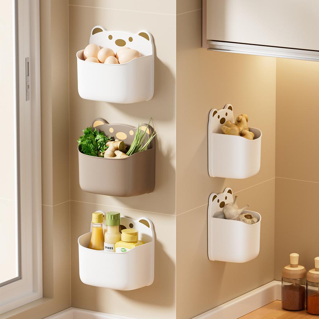 Creative Cartoon Bear Storage Basket for Kitchen and Bathroom, No Drilling Needed