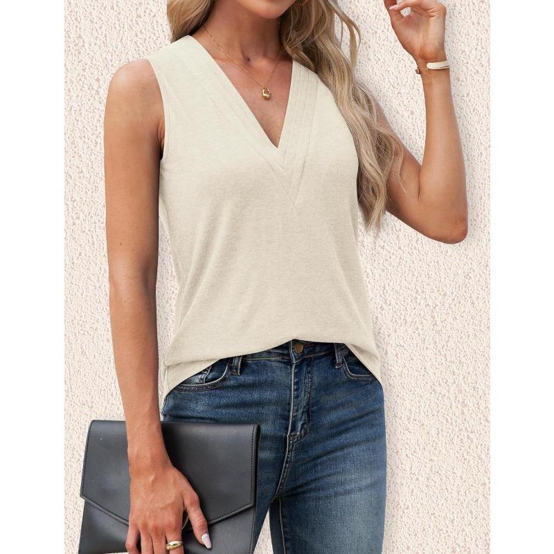 YYFS Women's Fashion Casual Summer Spring Solid Color Print Sleeveless V-Neck Blouses & Shirts