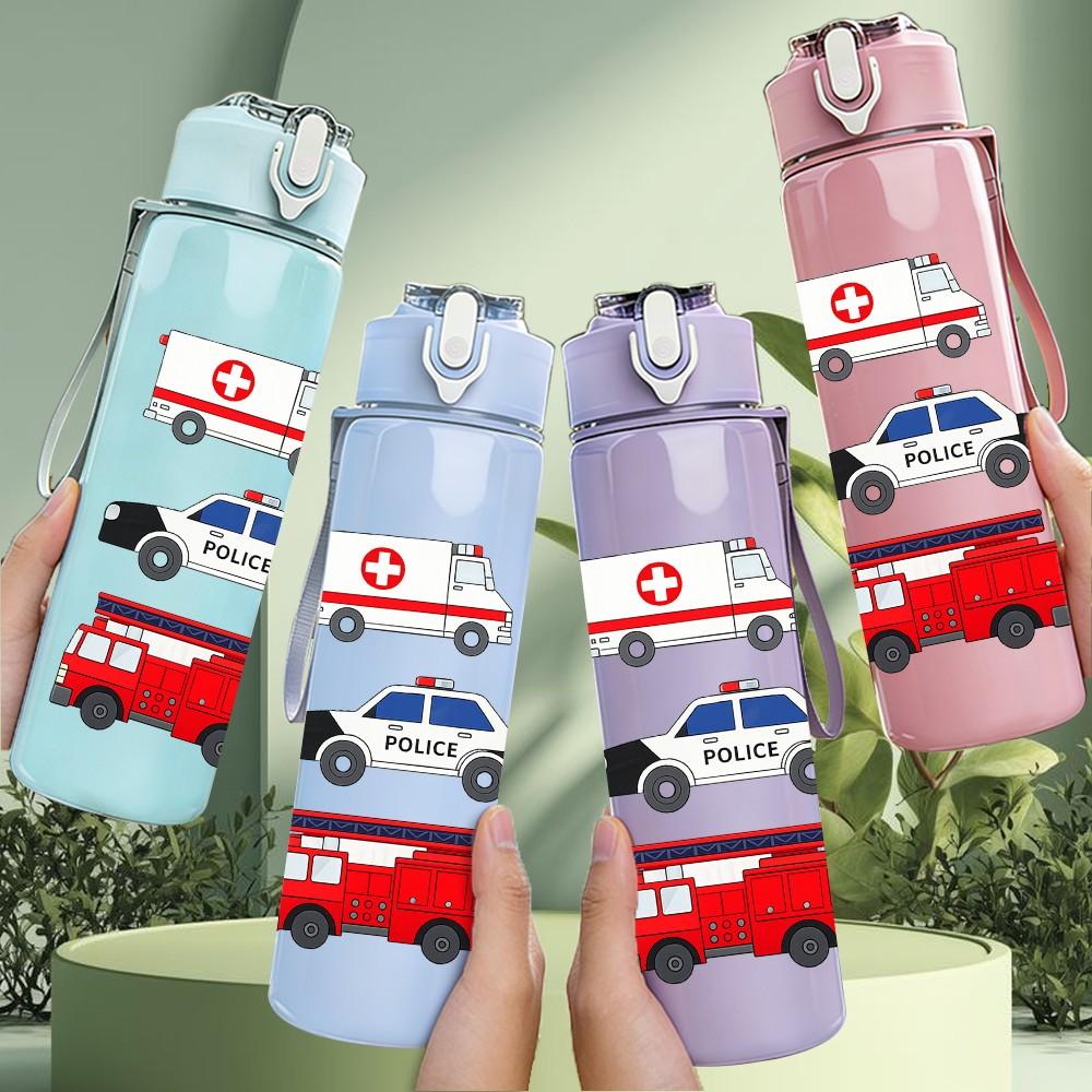 1PC Fire Truck Emergency Vehicle Set Print 750ml Color Plastic Sports Water Bottle Leakproof Flip Straw Lid Suitable for Sports Office Home Use