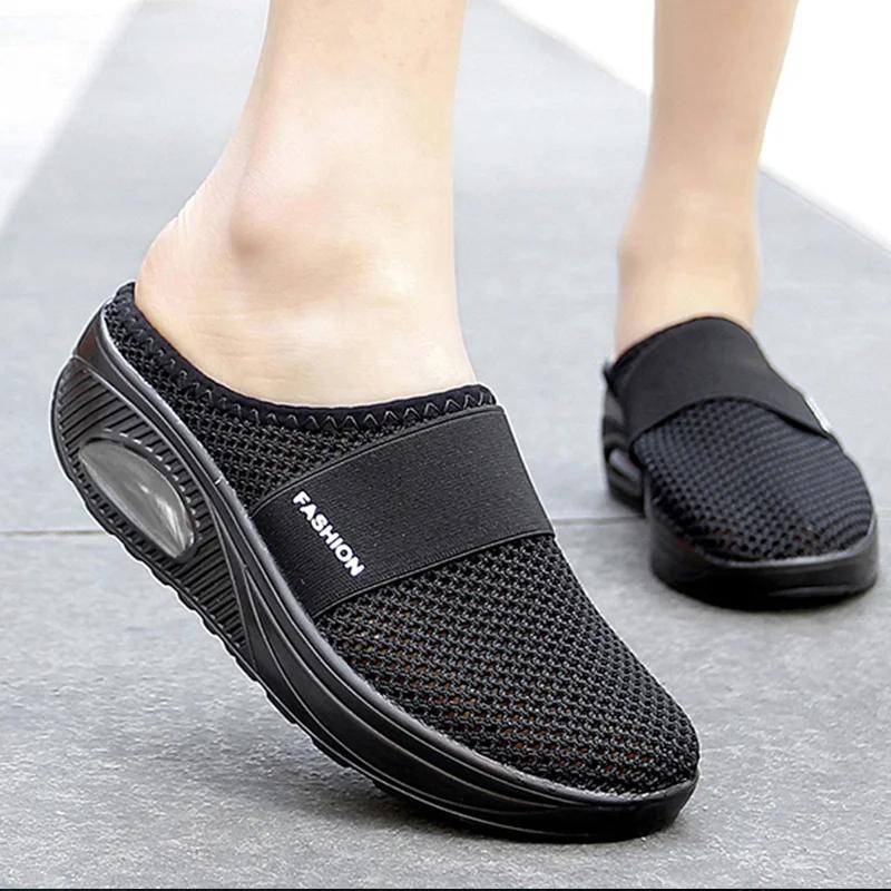 Women Mesh Lightweight Shoes Woman Slippers Wedge Shoes Female Air Cushion Sandals Thick Bottem Casual Sneakers Plus Size 43