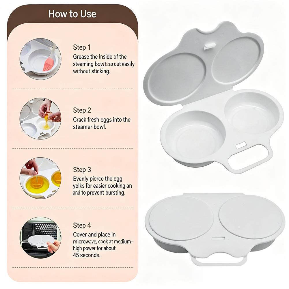 Kitchen Microwave Oven Round Shape Egg Steamer Cooking Mold Egg Poacher 2Cavity Nonstick Poached Egg Maker with Lid Kitchen Tool