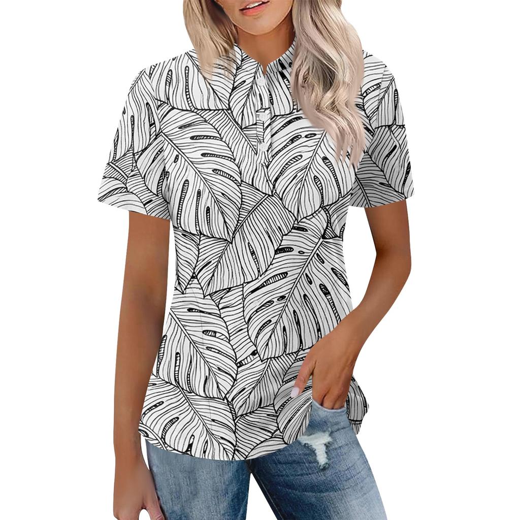 Women's Casual Polo Collar Short Sleeve Top Loose Fit Tropical Leaf Floral Print Shirt Summer Lightweight Blouse
