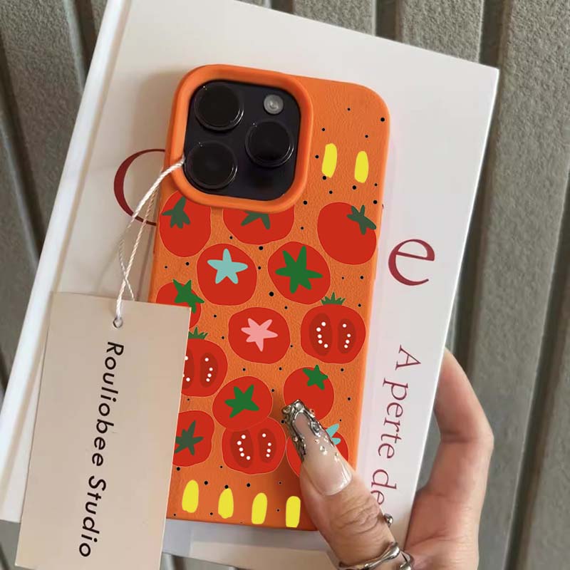 Case For iPhone 11 12 13 14 15 16 Pro Max New Ins Creative Tomato Print Lichee Pattern Cover For iPhone XS Max X XR 16 Plus 16e