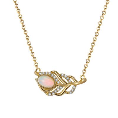 S925 Sterling Silver Necklace Natural Opal Stone Gold Feather Diamond Hollow Jewelry