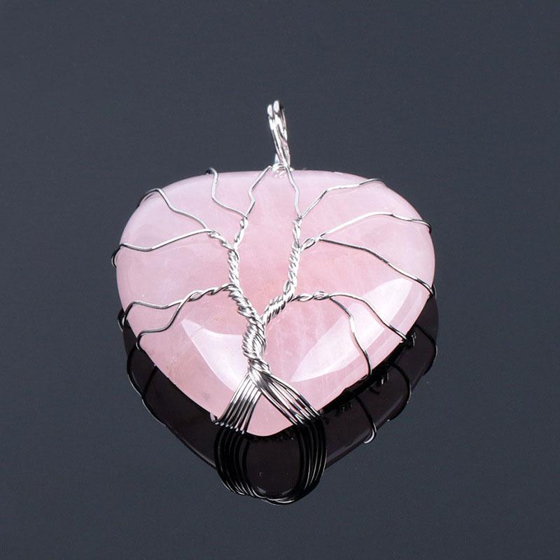 Natürlicher Stein Lebensbaum Drahtumwickelt Liebesherz Halskettenanhänger Natürlicher Stein Tigerauge Rosa Quarz Schwarzer Achat Für Frauen