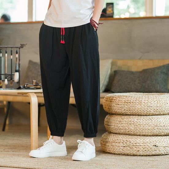Men Harem Pants Elastic Waist Solid Color Drawstring Ankle-banded Pockets Daily Wear Pleated Ninth Pants Summer Trousers Male Clothes