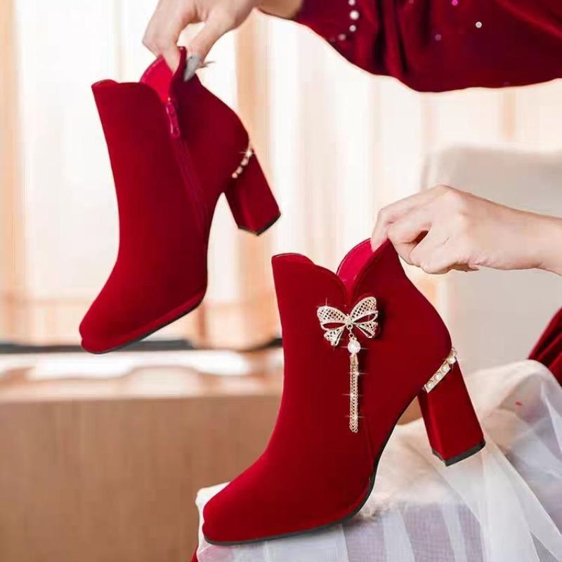 Bow Booties Fashion Round Toe Suede Side Zipper Non-Slip Wear-Resistant Block Heel Shoes