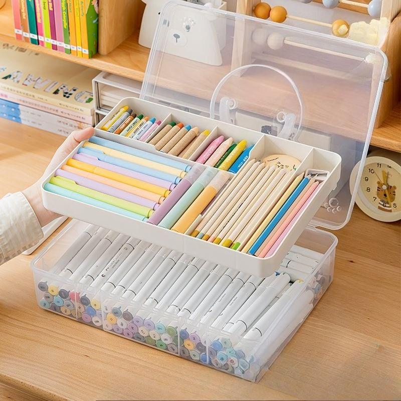 Large Capacity Double-layer Transparent Marker Pen Storage Box, High-value Desktop Double-layer Storage Pen Holder