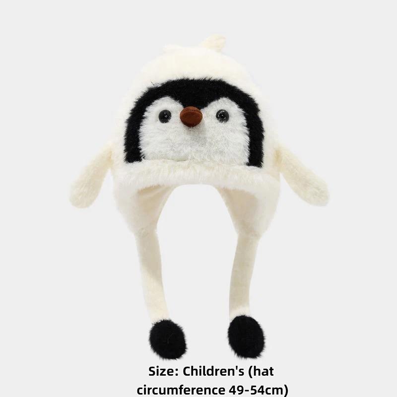 Cartoon Sweet Cute Penguin Ear Flap Hat Winter Outdoor Warm Thickened Plush Windproof Soft Pullover Hat Children's Gift