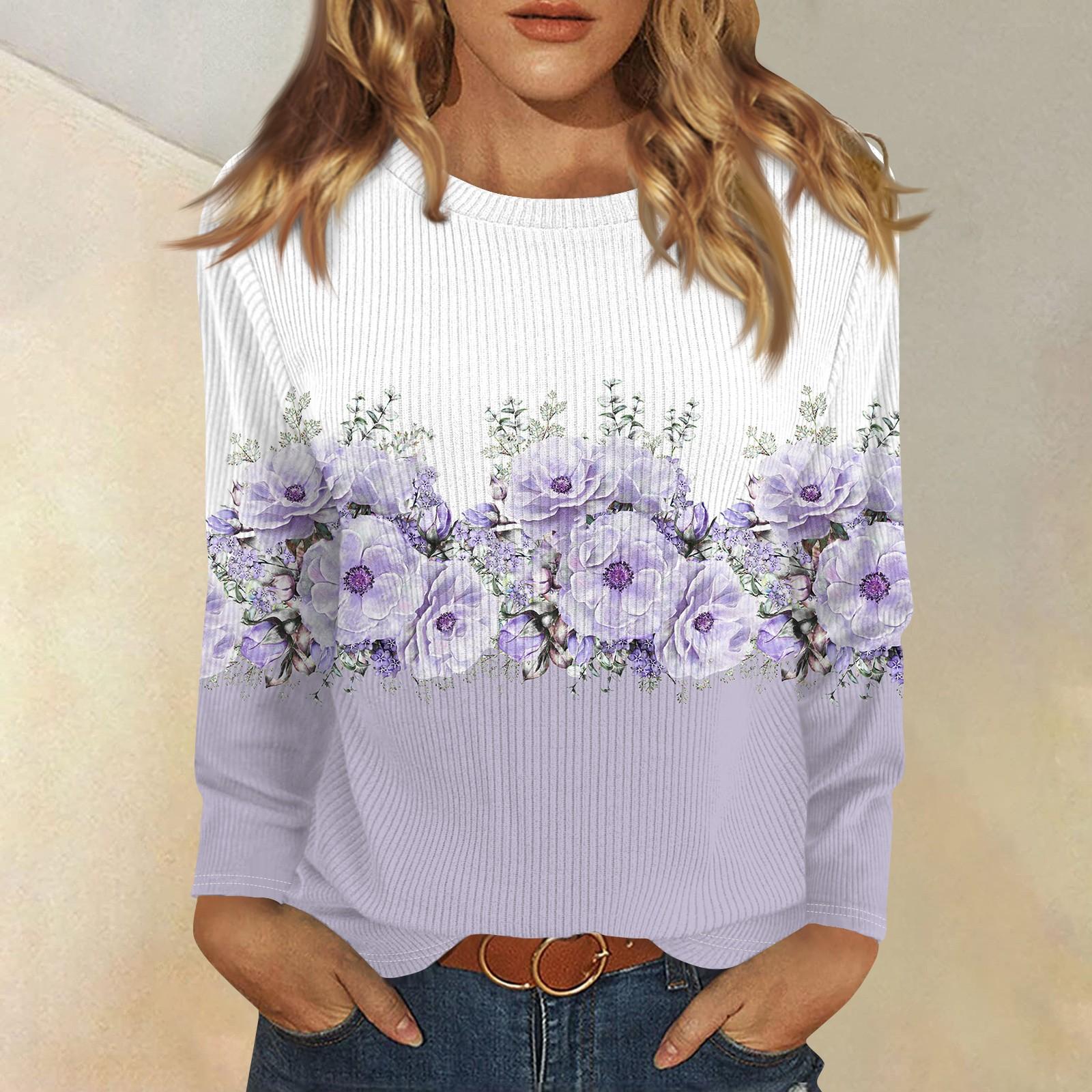 

Длинные рукава топы для женщин футболка повседневные принты топы футболка круглый вырез пуловер блузка XXL фиолетовый