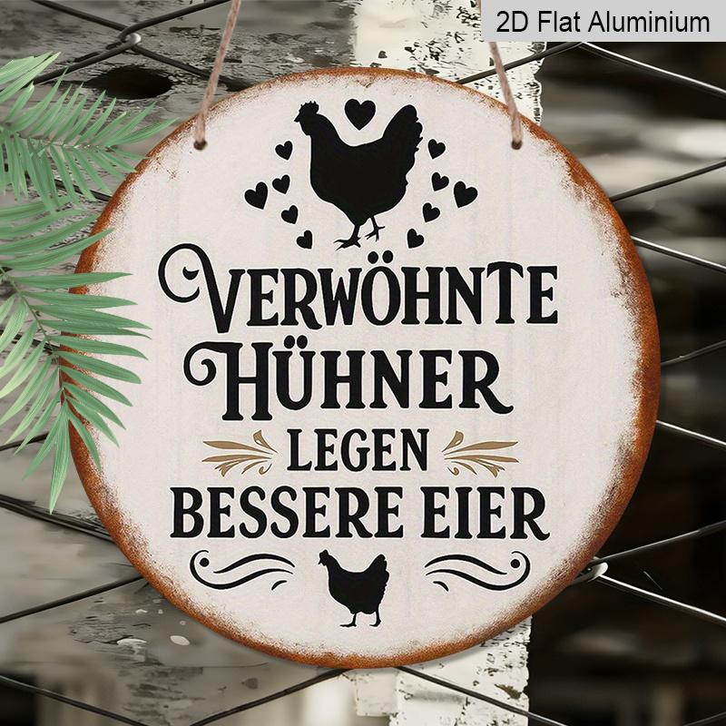 2D Flat, 1pc Vintage French Chicken Farmhouse Sign - Round German & French Phrase Metal Plaque with Rooster & Hen Silhouettes, "Hens Lay Eggs