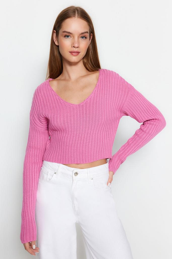 Women's Elegance Style Sweater Orange Crop Basic V-Neck Knitwear Sweater