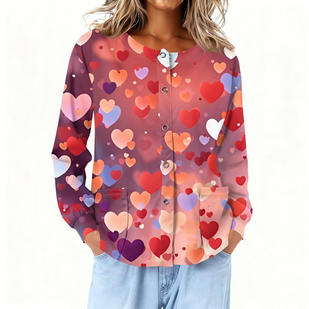 Women Long Sleeve Printed Pocket Working Stand Collar Single-breasted Protective Overalls Cardigan Jacket Top