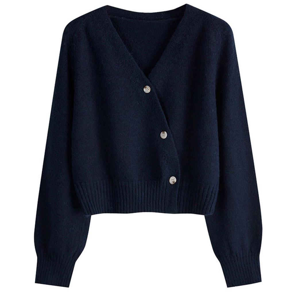 Women's Solid Color V-neck  Breasted Short Loose Cardigan Sweater Jacket