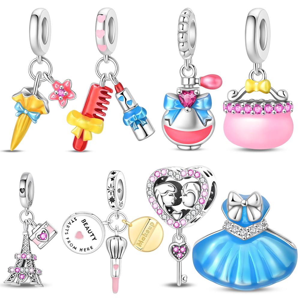 Authentic Copper Charm Bead Charms Pink Basket Pendant Blue Dress Comb Iron Tower Bead Charms Compatible With Bracelets Jewellery Diy Women Accessory