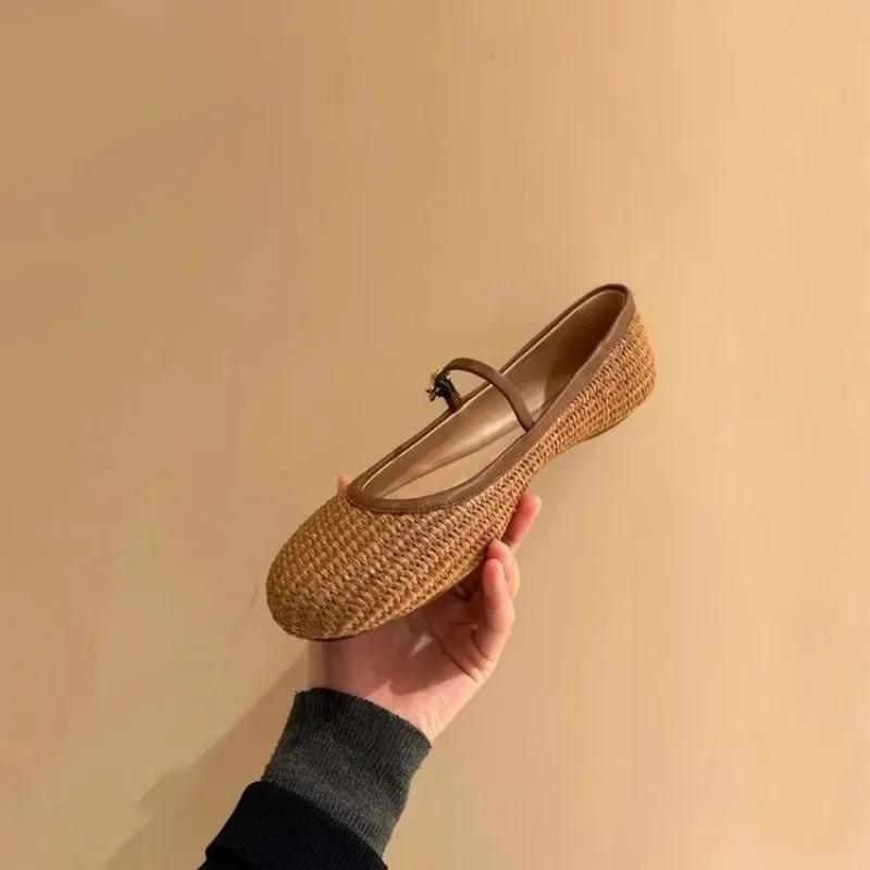 Women's Fashion Flat Shoes Autumn New Round Head Shallow Mouth One Word Buckle Straw Plaited Breathable Soft Sole Shoes