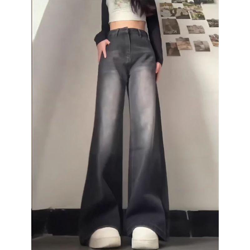 Women's Black-Grey Wide-Leg Jeans, Plus-Size, High-Waisted, Slimming Straight-Leg, Hip-Covering, Spring/Autumn Style, 2026 New Fashion.