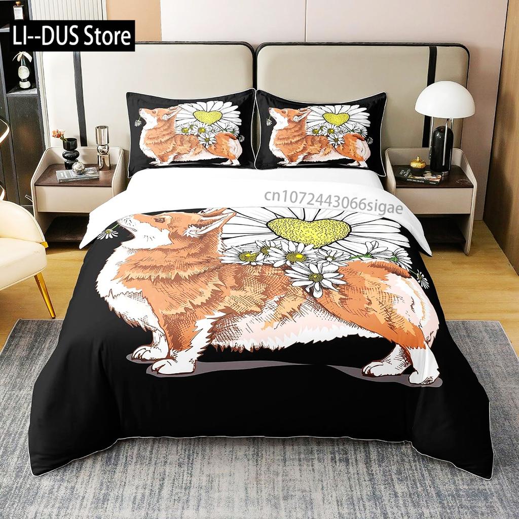 Labrador Duvet Cover Set Hand Drawn Sketch Welsh Corgi Decorative 3 Piece Bedding Set With 2 Pillow Shams Queen King Full Size