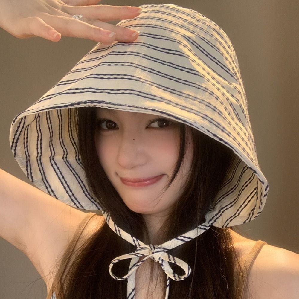 Large Brim Sun Protection Hat Wide Brim Striped Fisherman Hat Fashionable Bucket Hat  Outdoor