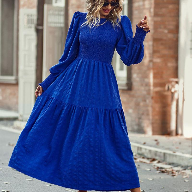 Sieviešu O Neck Puff piedurknēm vienkrāsains augsta jostasvieta Temperament Midi Swing kleita