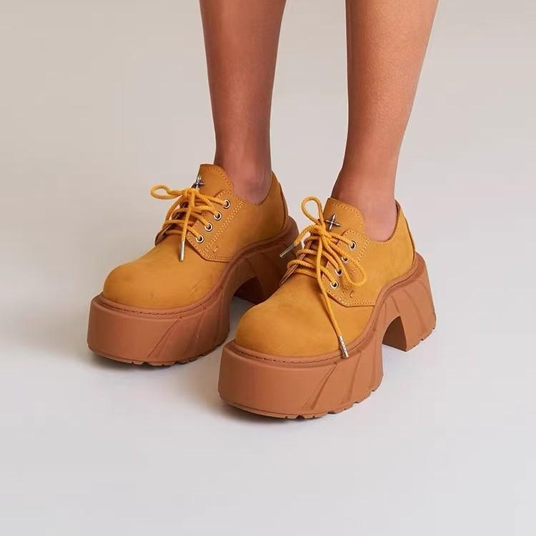 New Women's Leather Round Head High-heeled Single Shoes Retro High-heeled Thick-soled Heightening Lace-up Shoes