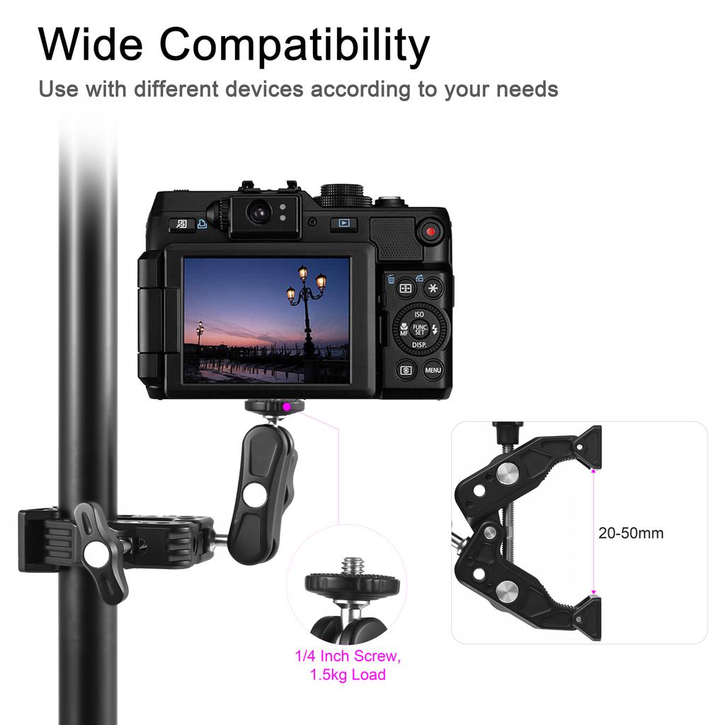 Multi-functional Super Clamp Aluminum Alloy with Dual 360 Degrees  Rotatable Ballhead 1/4 Inch Screw