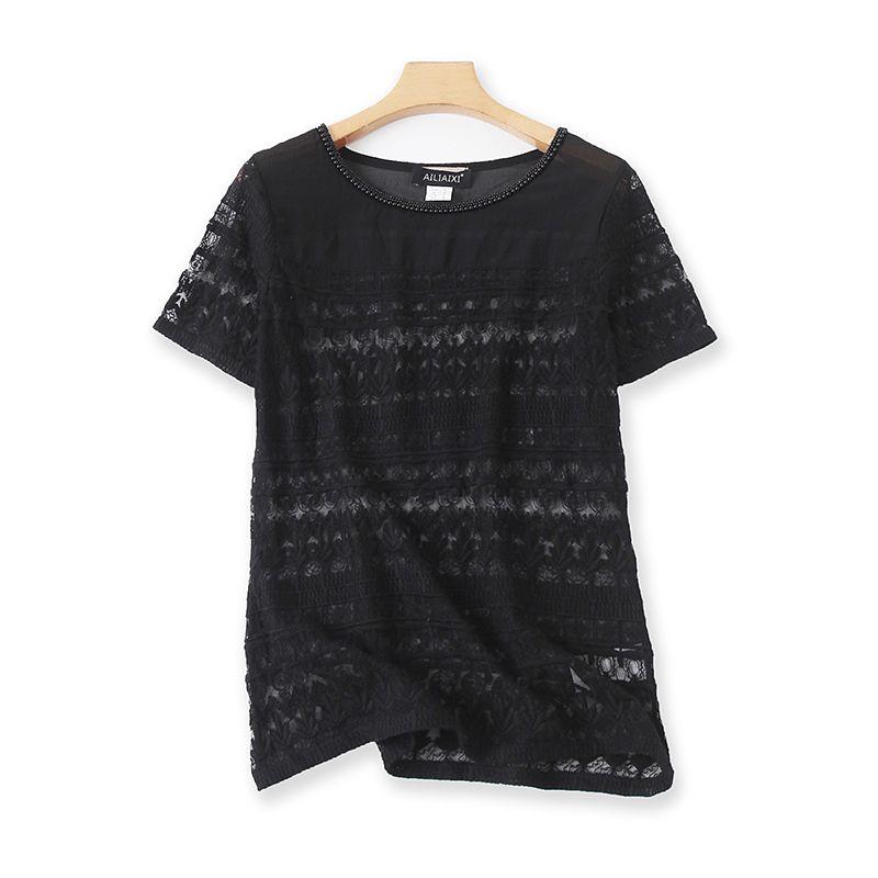 

Экспортная футболка с круглым вырезом, вязаная крючком с вырезами, летняя новинка, футболка с коротким рукавом, расшитая бисером, женская базовая майка, топы L/2-2 Black 34