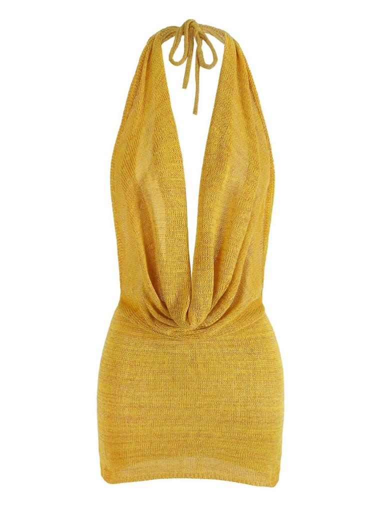 Mini Abito Arancione Lavorato a Maglia Halter da Donna Profondo Scollo a V Schiena Nuda Copricostume da Spiaggia Abito da Festa K145