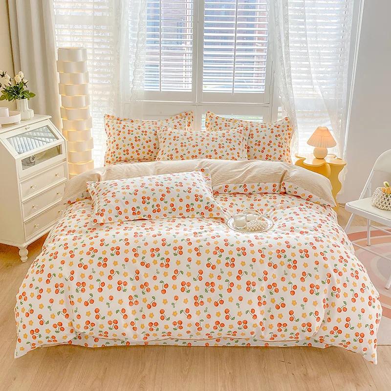 Conjunto de capa de edredom com estampa de folhas verdes-limão, 3 peças, conjunto de cama de algodão, macio, confortável, edredom e fronhas