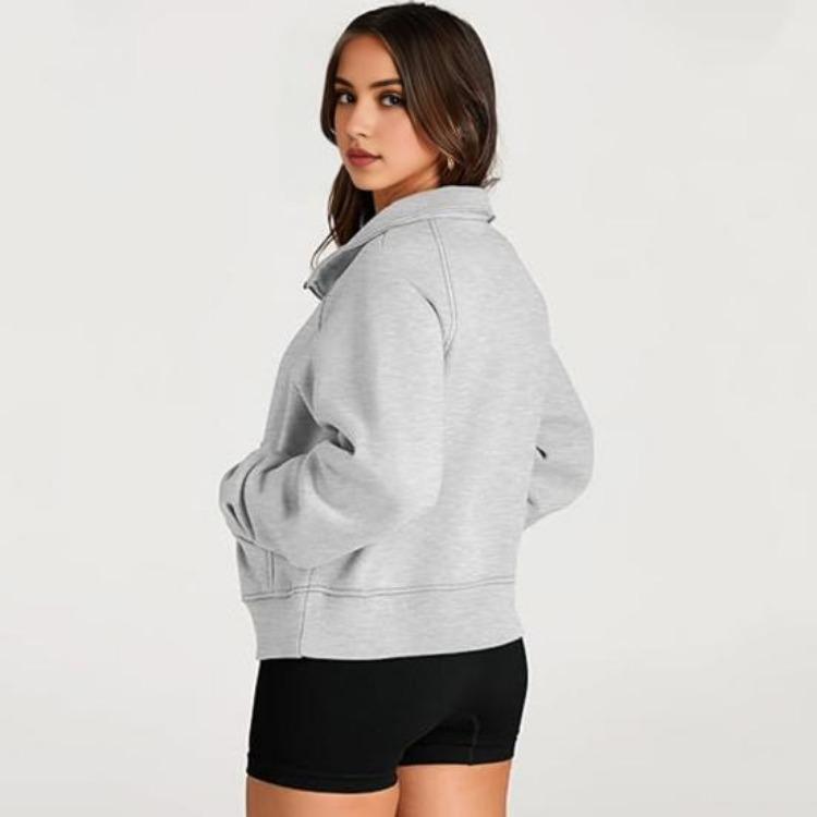 Thick Fall Winter Sweatshirt Casual Sport Top Loose Elastic Cuff Long Sleeves Half Zipper Turn Down Collar Big Pocket Pure Color Daily Wear
