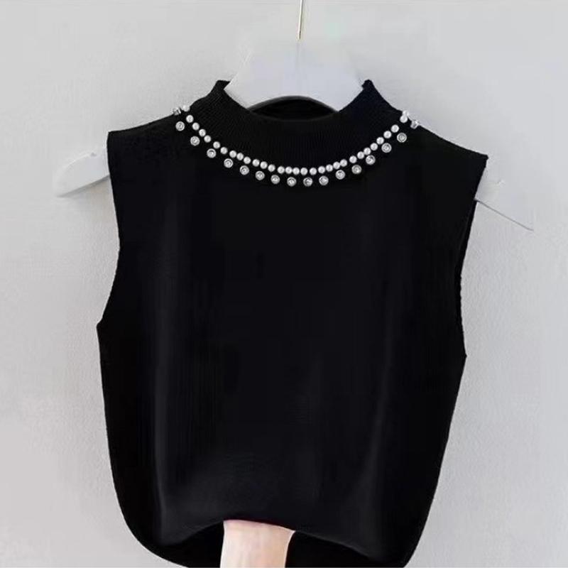 Fashion Knitted Sleeveless Bottoming Shirt Women's Inner Sling Vest Summer Elegant Solid Color Bead New Basic Tank Tops Casual Simple Blouse Clothing