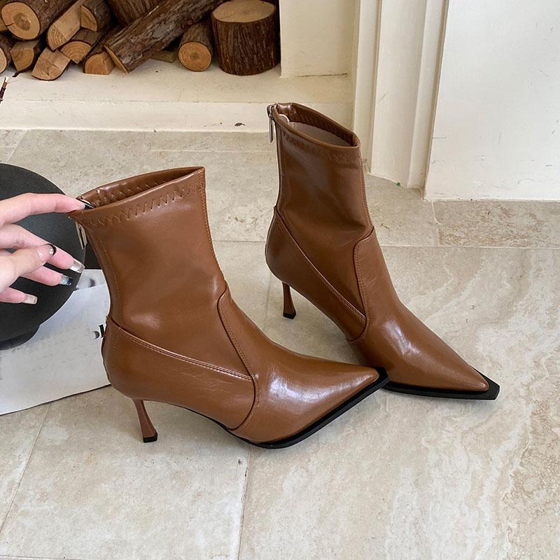 Mode Reißverschlüsse Mode Dünne Absätze Schuhe Damen Knöchel Stretch Stiefel Spitze Zehen Damen Kurze Moderne Stiefel Weibliche Pumps Schuhe