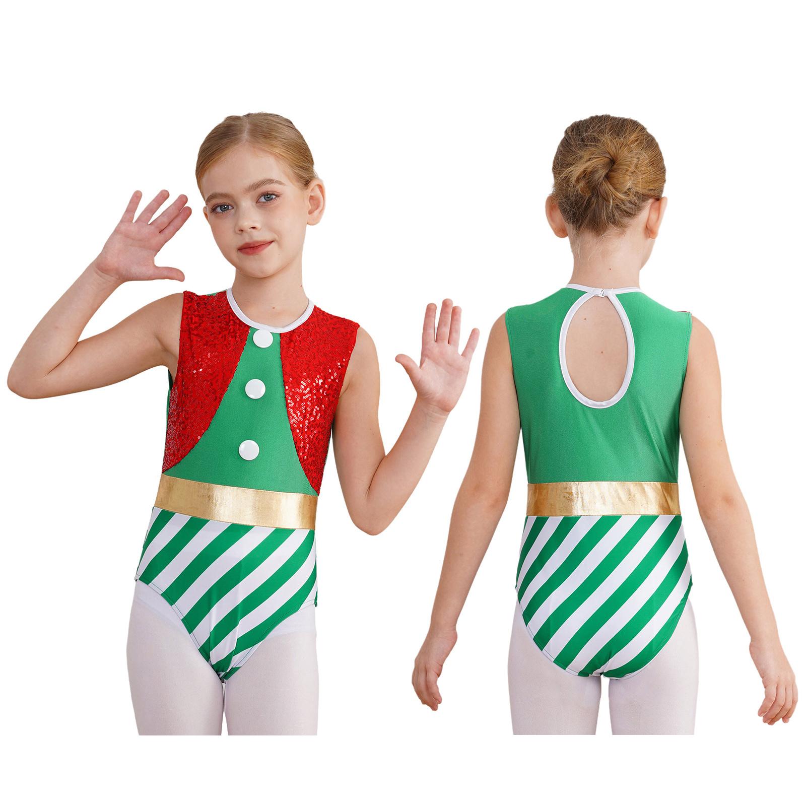 

Kids Girls Christmas Costume Cosplay Dance Leotard Sleeveless Jumpsuit Sequins Stripes Gymnastic Unitard Bodysuit Santa Dress Up 3-4 Years зелений