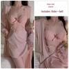 DZ Satin Lace Butterfly Decor Padded Underwire Backless Sexy Nightgown Robe Set 2044