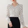 Blue Polka Dot Short-Sleeve Women's Chiffon Ribbon Shirt, Summer 2025 Collection