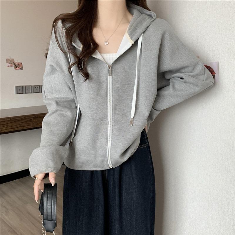 Real sweater women's thin long-sleeved loose top hooded cardigan zipper jacket