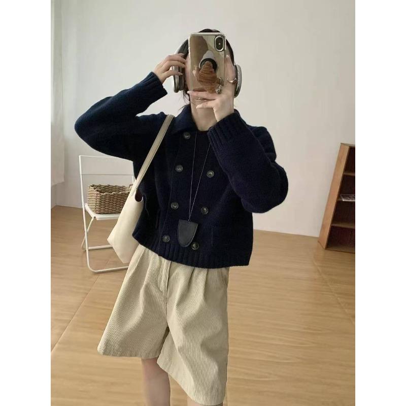 

Новый осенне-зимний новый двубортный вязаный кардиган-жакет с лацканами и имитацией карманов, женское пальто one size fits all чёрный