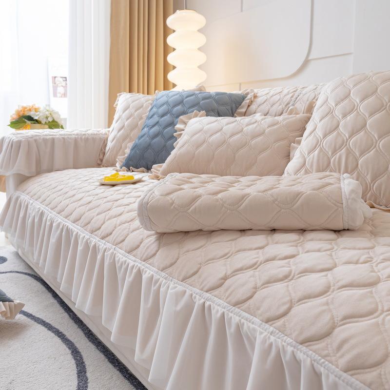 Quilted Ruffle Skirt Cover For Sofa Velvet Non -Slip Corner Couch Slipcover Armchair Towel Furniture Protector