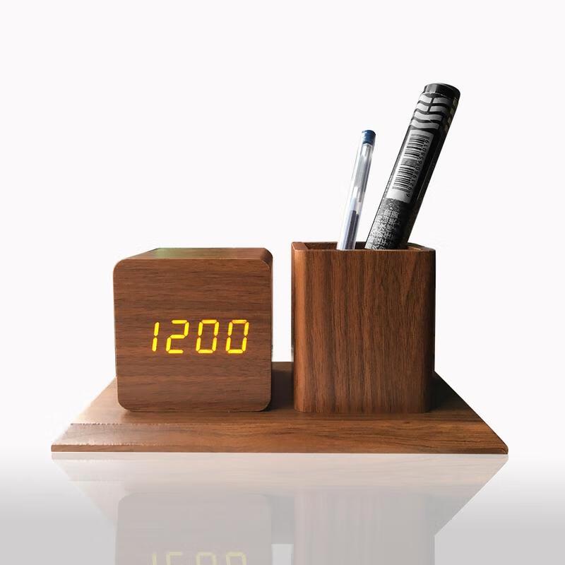 Creative Wood Grain Alarm Clock with Pen Holder